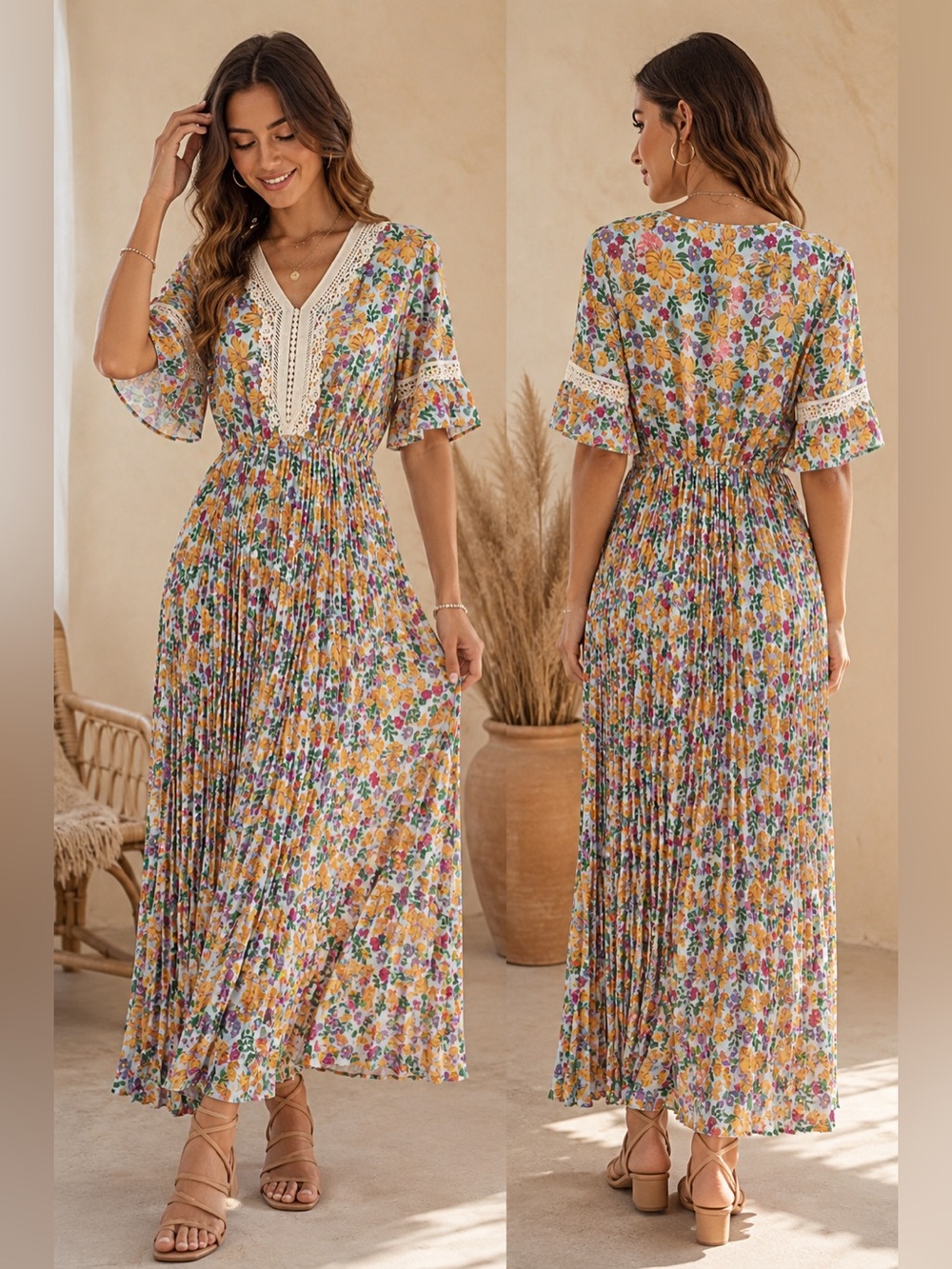 Yuna Floral Maxi Dress S/M – Crochet Trim, Bell Sleeves, Boho Chic